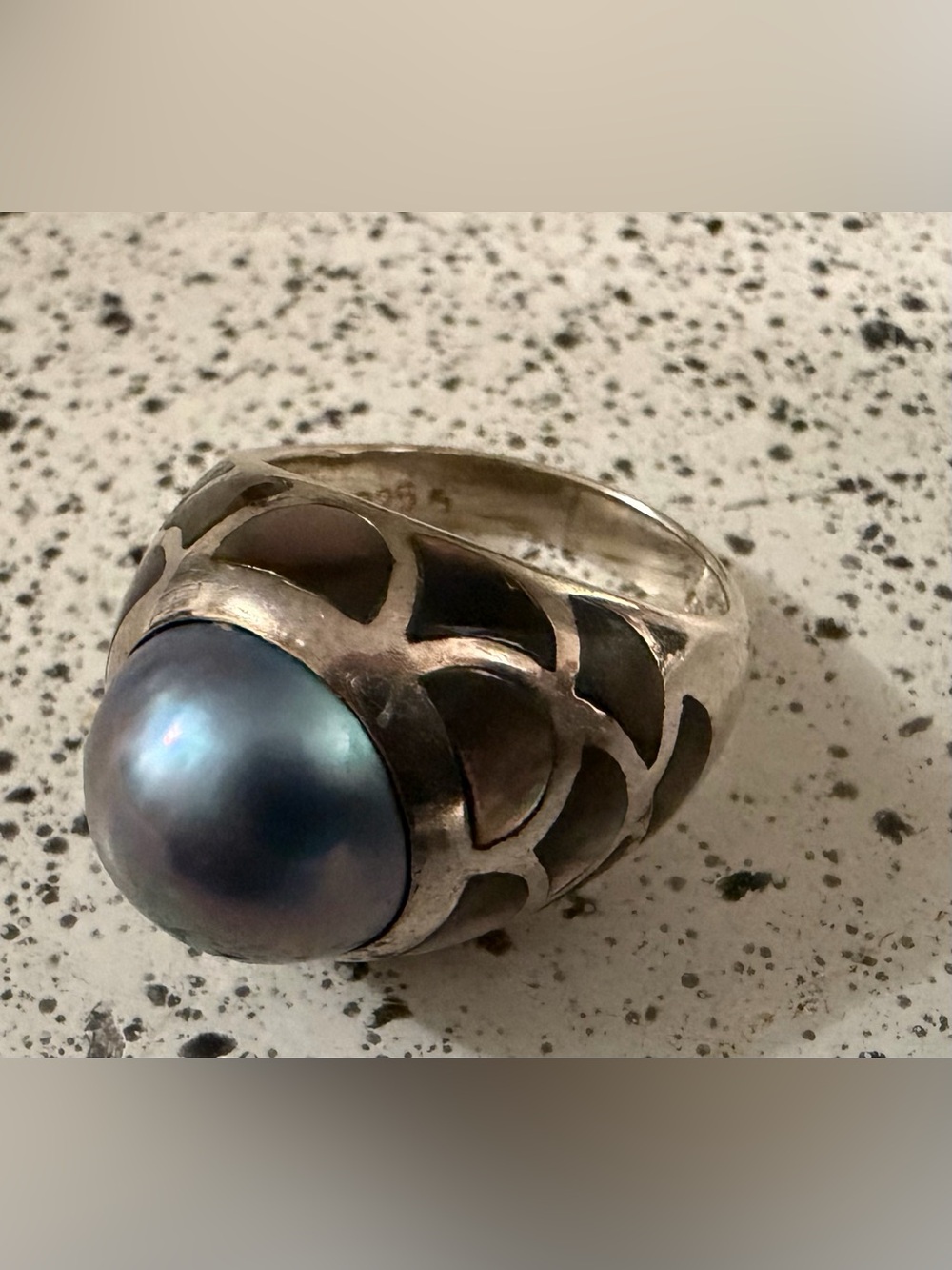 Vtg. Cultured Mabe Pearl Sterling Silver Ring, Size 11 Signed